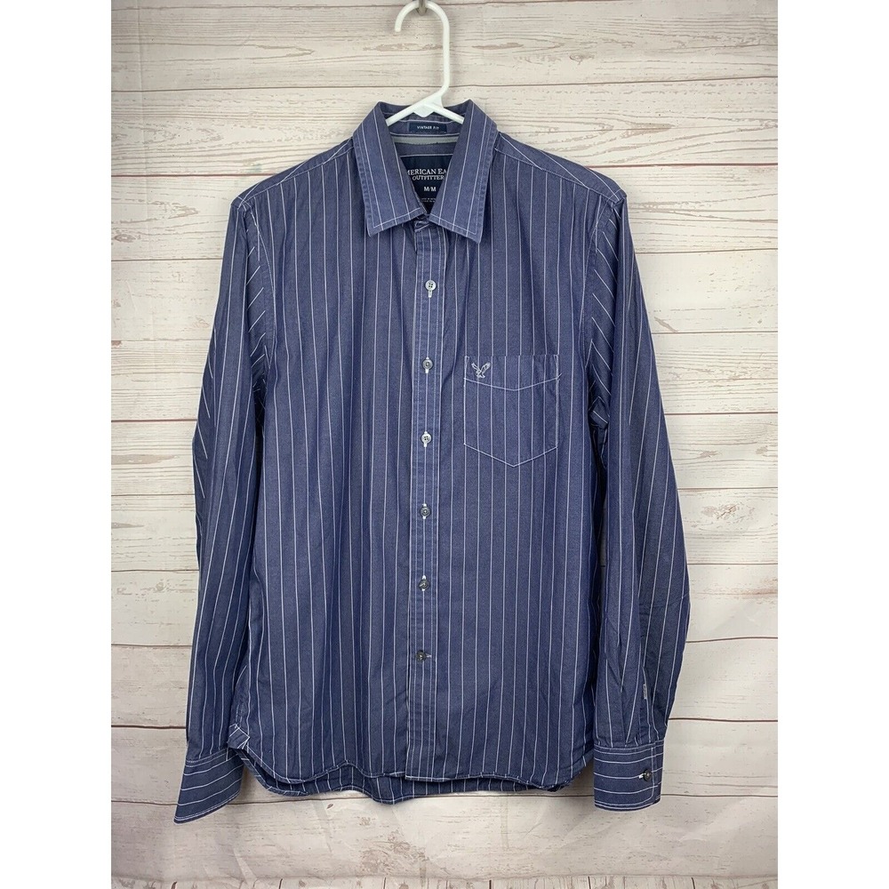 American Eagle Shirt Mens Medium Blue Vintage Fit Button Up Long Sleeve Striped